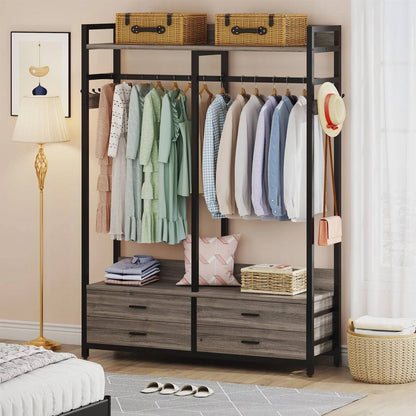 Perchero Moderno Gris y Negro con Barra para Colgar Ropa y 4 Cajones de Almacenamiento