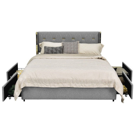Full Size Grey/Gold Linen Headboard 4 Drawer Storage Platform Bed - Tampa Home & Garden Store