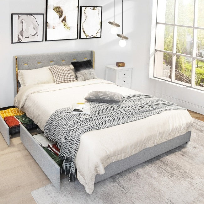 Cabecero de lino gris/dorado de tamaño completo, plataforma de cama con 4 cajones de almacenamiento