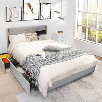 Cabecero de lino gris/dorado de tamaño completo, plataforma de cama con 4 cajones de almacenamiento