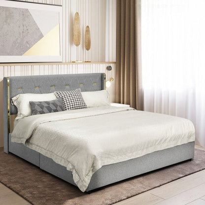 Cabecero de lino gris/dorado de tamaño completo, plataforma de cama con 4 cajones de almacenamiento