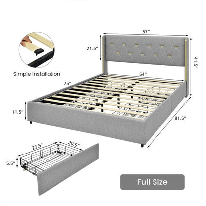 Cabecero de lino gris/dorado de tamaño completo, plataforma de cama con 4 cajones de almacenamiento