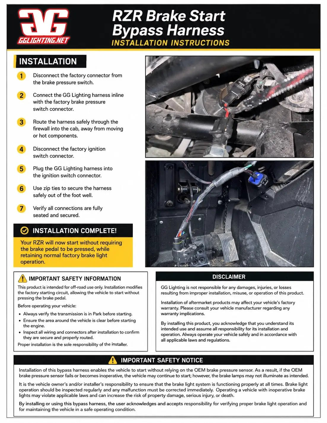 RZR Pro 2022+ Brake Bypass Harness instruction sheet by GGLighting with wiring photos on Tampa Home & Garden Store