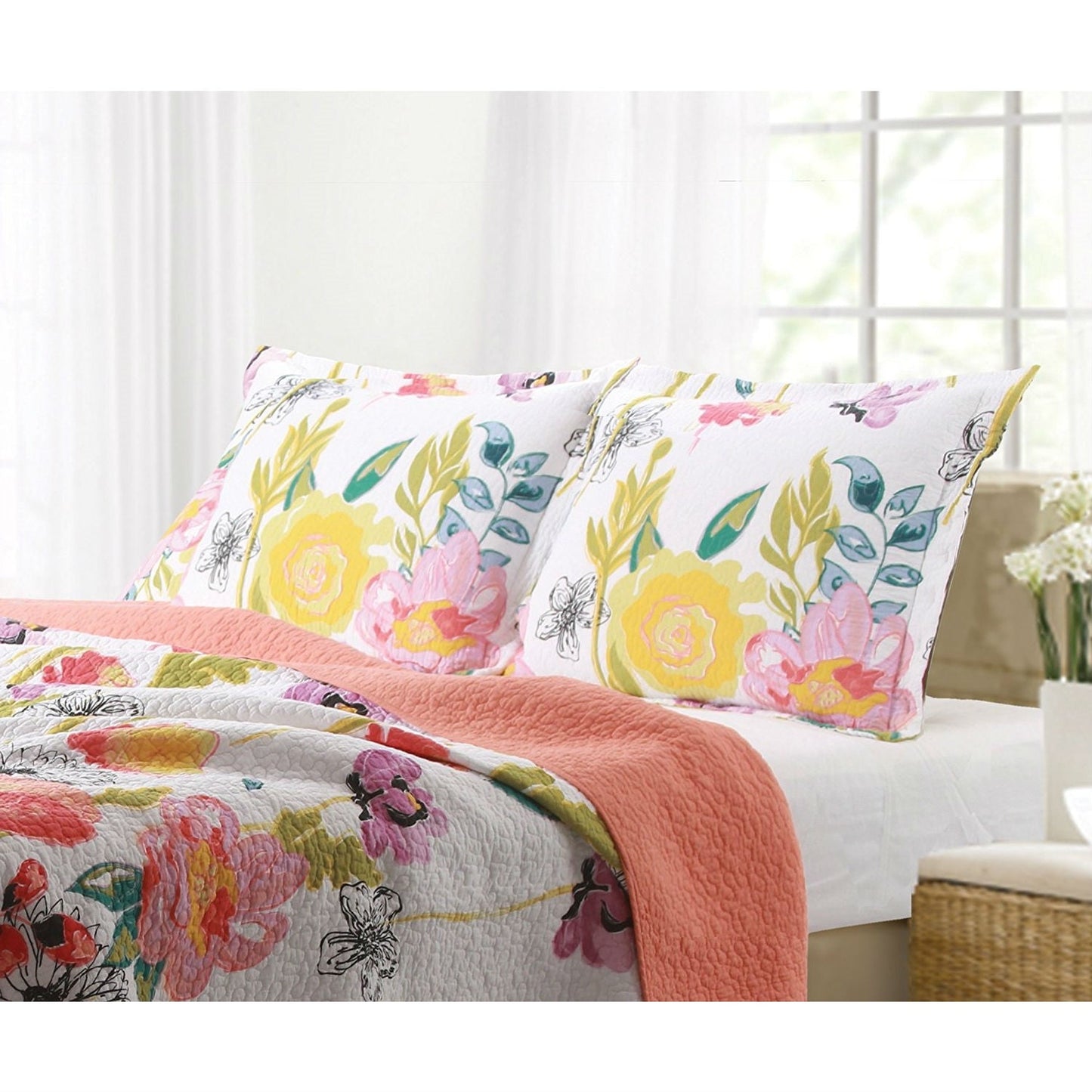 Juego de colcha de algodón, tamaño full/queen, con diseño floral multicolor