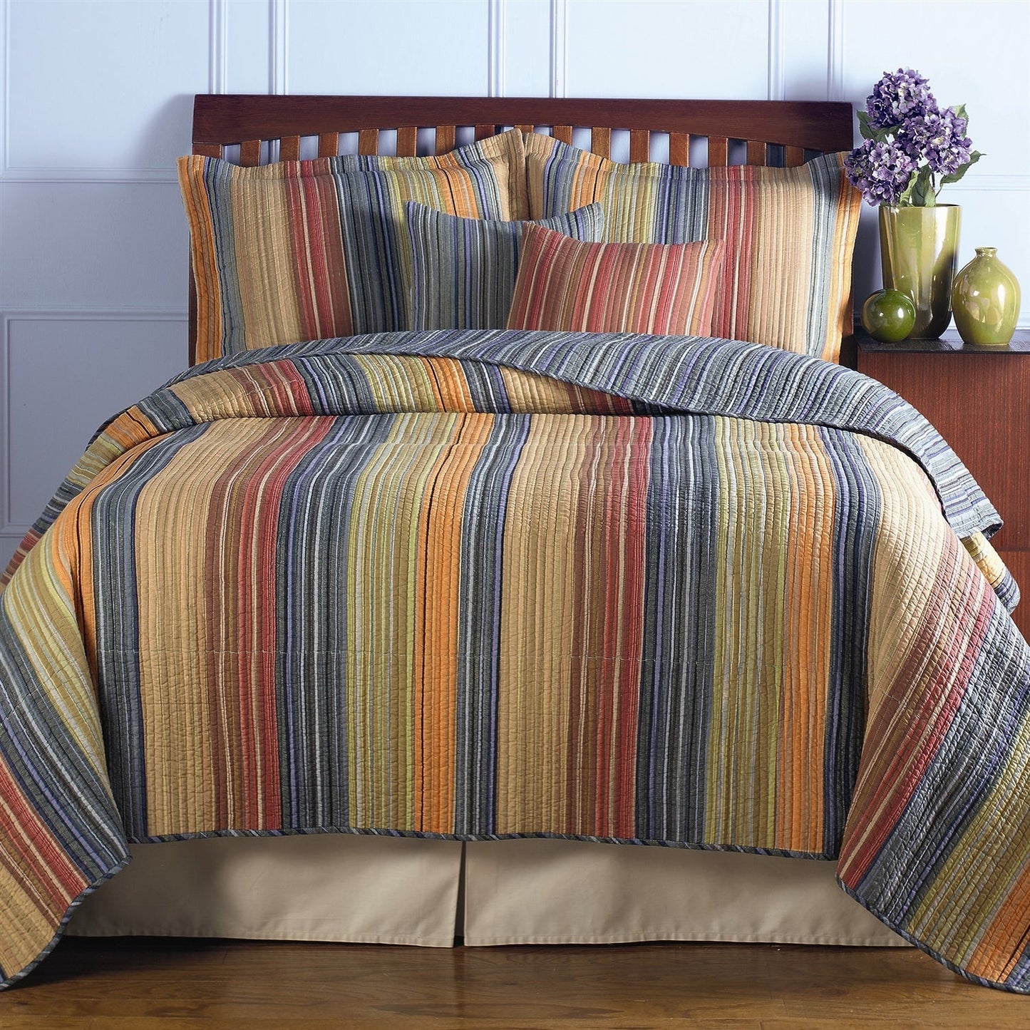 Juego de colcha de algodón 100 % para cama matrimonial/queen con rayas rojas, naranjas, azules y marrones