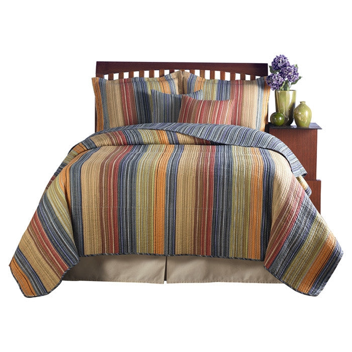 Juego de colcha de algodón 100 % para cama matrimonial/queen con rayas rojas, naranjas, azules y marrones