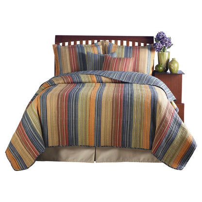 Juego de colcha de algodón 100 % para cama matrimonial/queen con rayas rojas, naranjas, azules y marrones