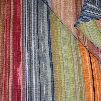 Juego de colcha de algodón 100 % para cama matrimonial/queen con rayas rojas, naranjas, azules y marrones