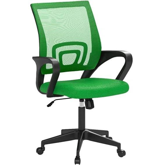 Silla de oficina ergonómica moderna de malla verde de respaldo medio con reposabrazos y ruedas