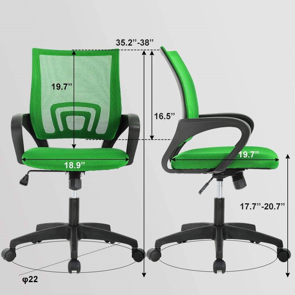 Silla de oficina ergonómica moderna de malla verde de respaldo medio con reposabrazos y ruedas