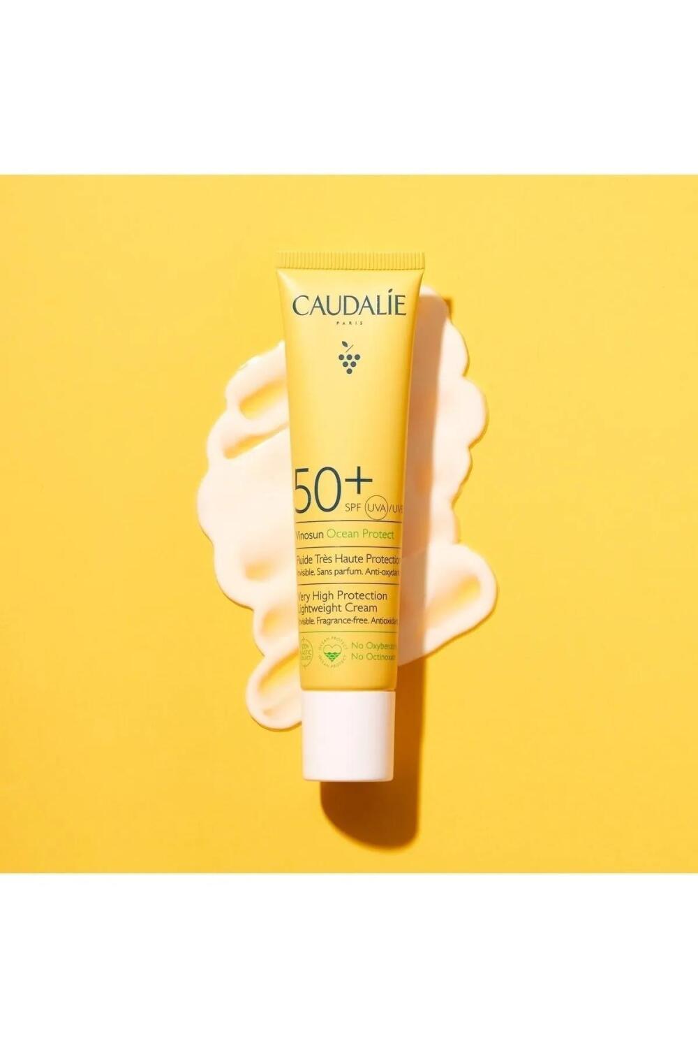 Caudalie Vinosun SPF 50+ sunscreen cream tube, fragrance-free lightweight formula, yellow packaging on Tampa Home & Garden Store