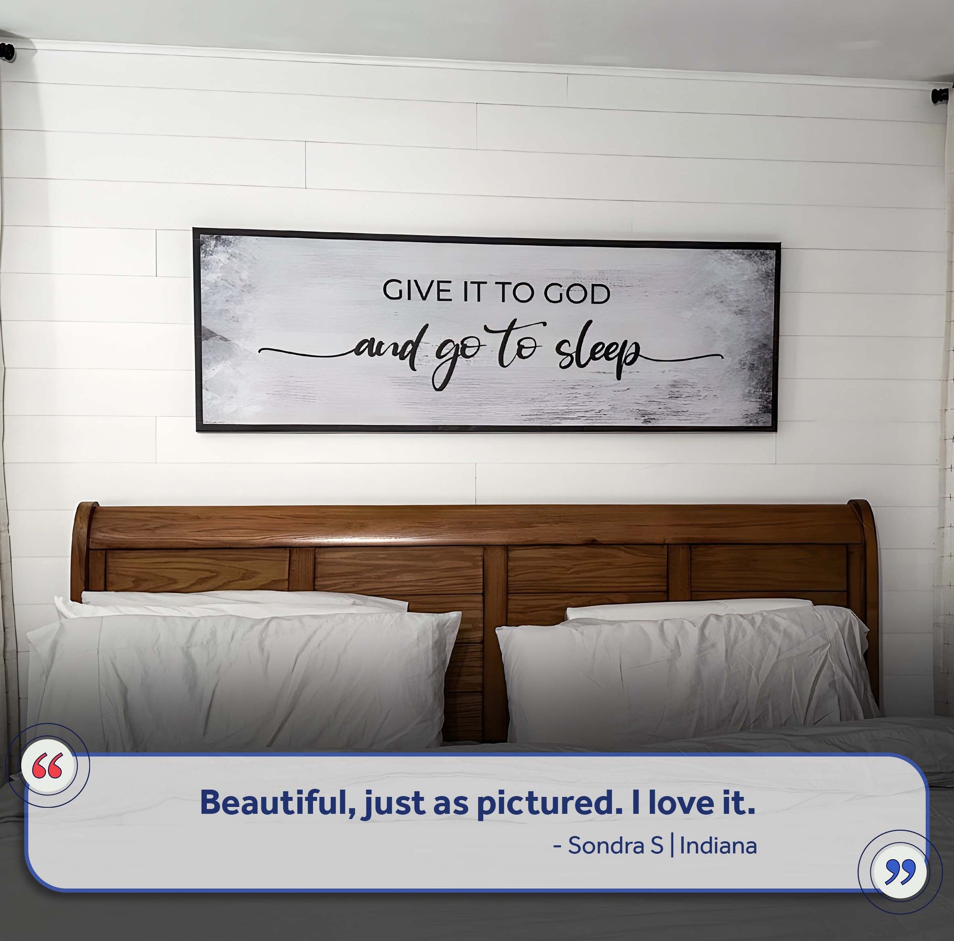 Give It To God And Go To Sleep Sign III canvas with black frame on white shiplap wall on Tampa Home & Garden Store