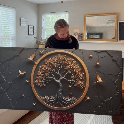 3D Celtic Tree of Life canvas wall art with a gold circular frame on a dark textured background on Tampa Home & Garden Store