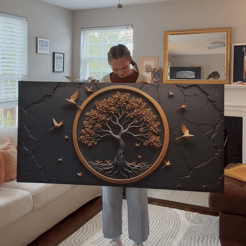 3D Celtic Tree of Life Wall Art IV canvas with gold ring, cracked backdrop and birds on Tampa Home & Garden Store