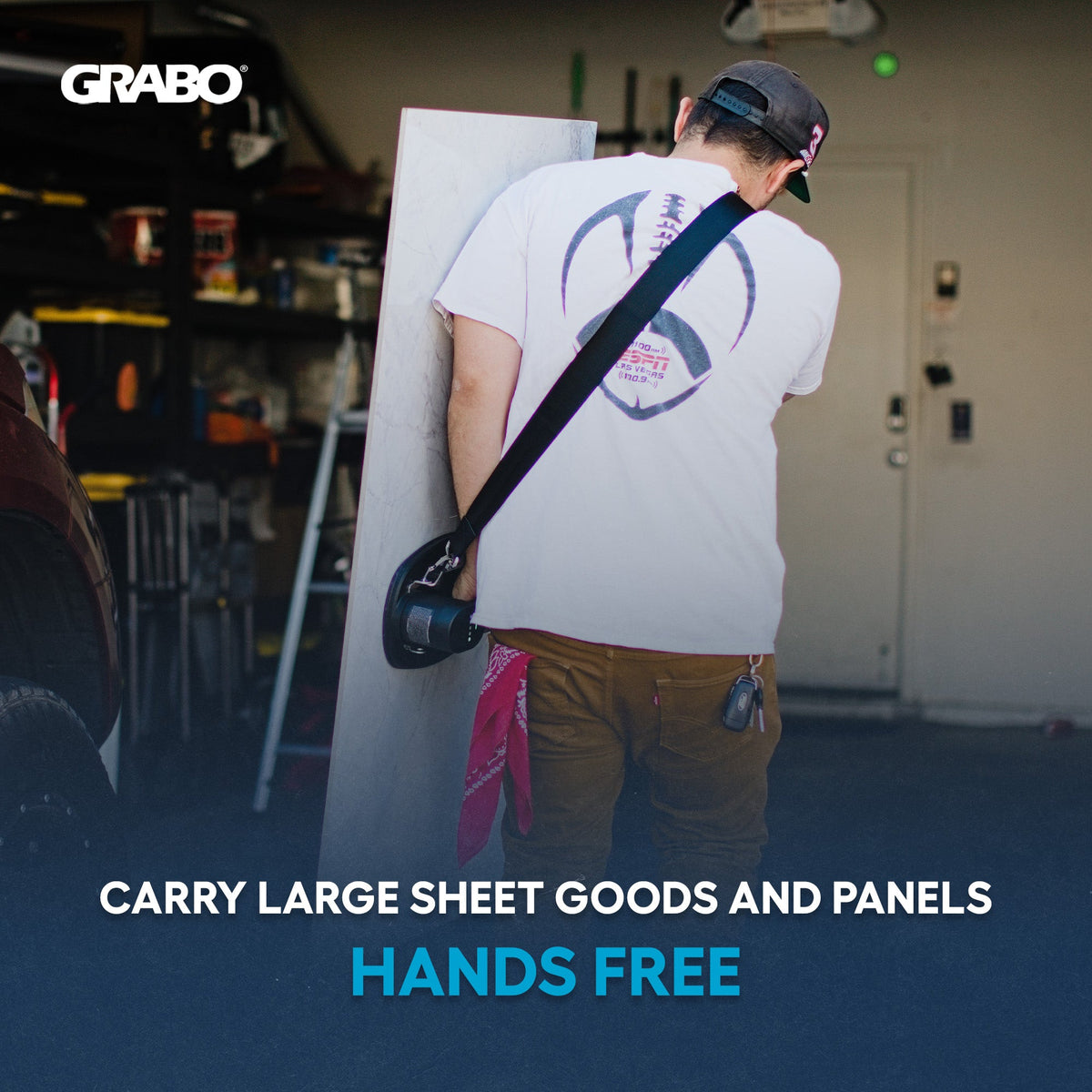 Lifting strap by GRIP TECH TOOLS carries a large sheet panel hands free on Tampa Home & Garden Store