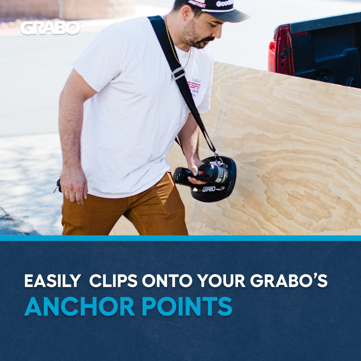 GRIP TECH TOOLS lifting strap with black webbing and buckle attached to GRABO suction lifter on Tampa Home & Garden Store