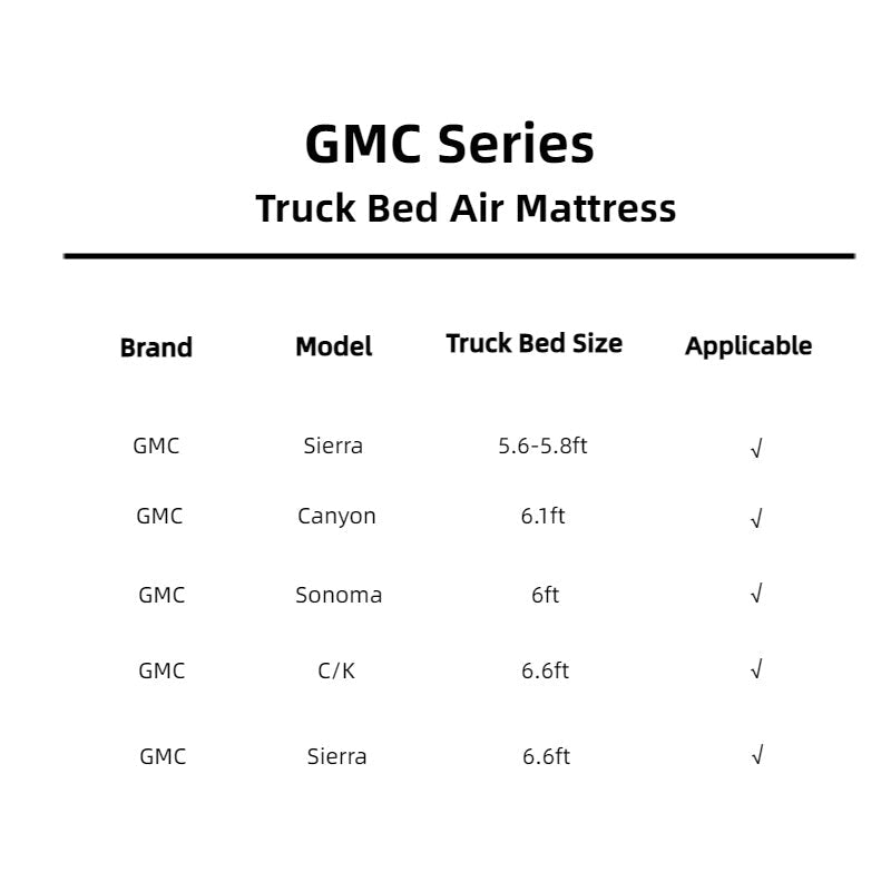 GMC Series truck bed air mattress product sheet with 5 models and sizes 5.6–5.8 ft to 6.6 ft on Tampa Home & Garden Store