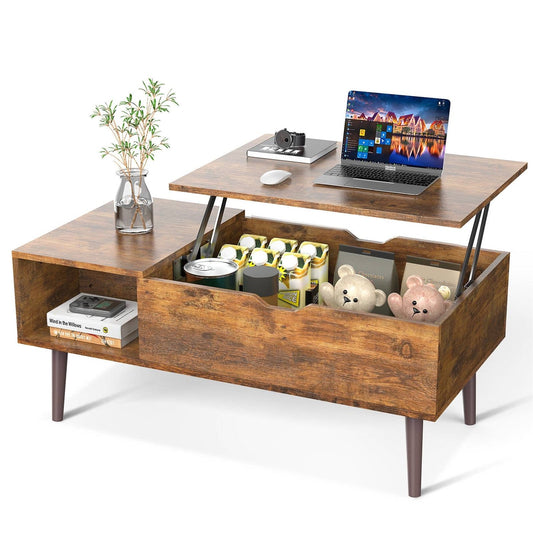 Mesa de centro elevable moderna de mediados de siglo, bandeja de TV, escritorio para laptop, acabado de madera marrón