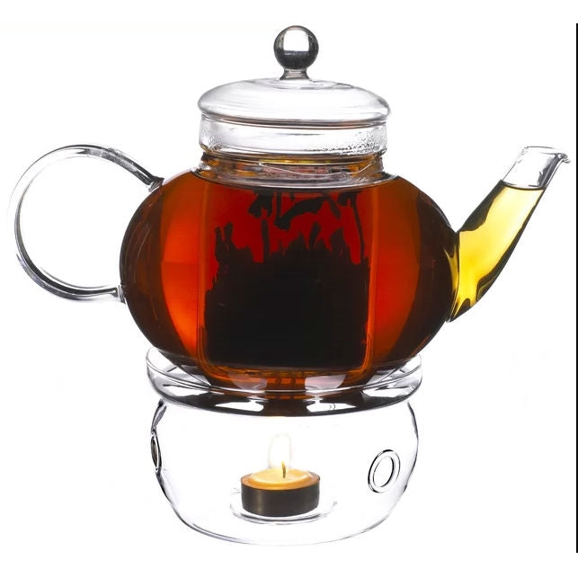 Borosilicate glass teapot 1.32 qt with removable infuser, clear glass on candle warmer on Tampa Home & Garden Store