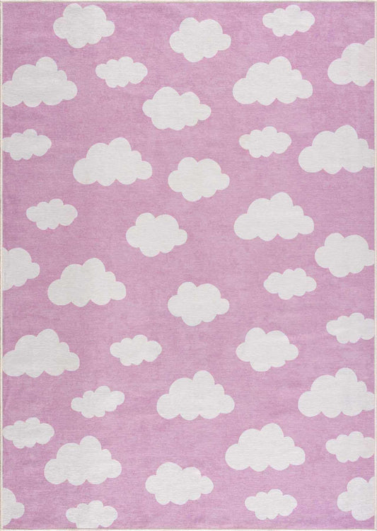 Nizar Pink Cloud Washable Kids Rug by Boutique Rugs, pink with white cloud pattern, clearance on Tampa Home & Garden Store