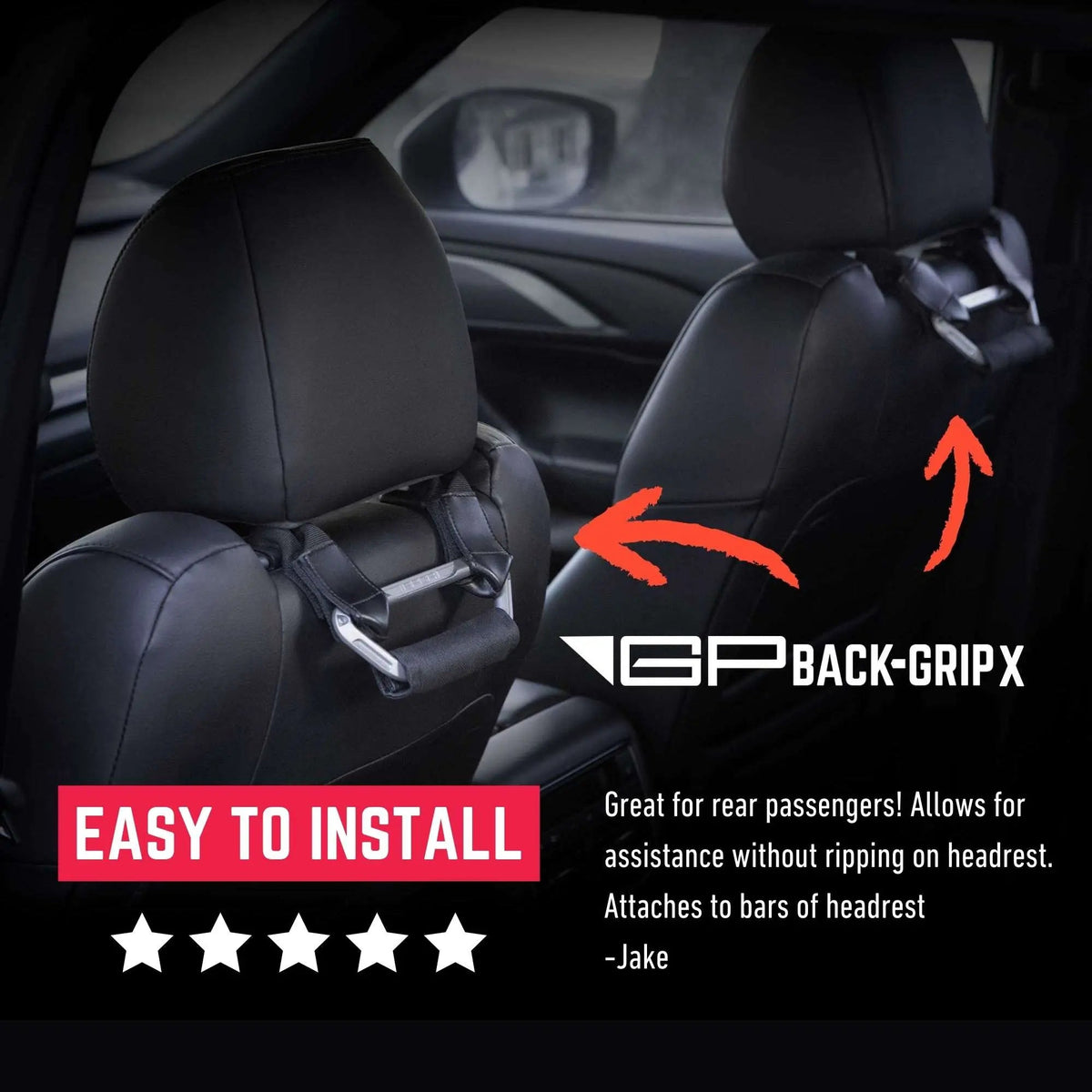 GP Back Grip PRO rear headrest handles in black car interior with GPCA branding visible on Tampa Home & Garden Store
