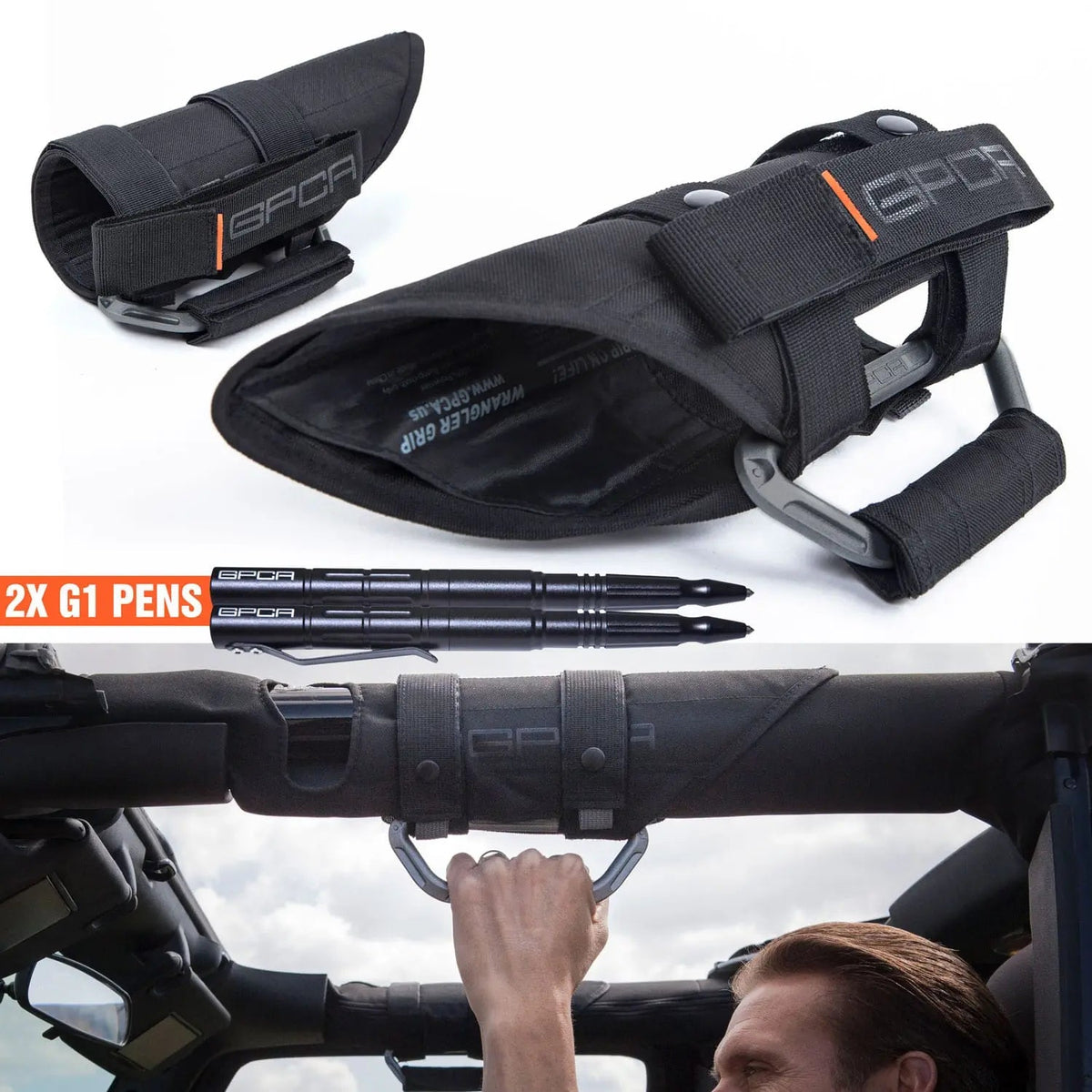 GP-Grip PRO foldable handle for Jeep Wrangler JK, black with orange accent, GPCA branding pair on Tampa Home & Garden Store