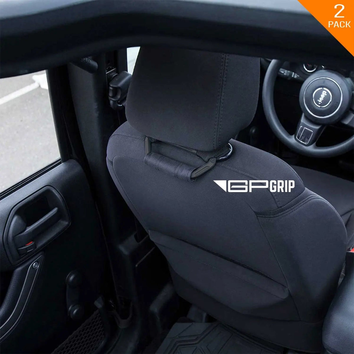 GP BACK GRIP PRO Black car seat headrest strap grip 2-pack with GP Grip logo visible inside vehicle on Tampa Home & Garden Store