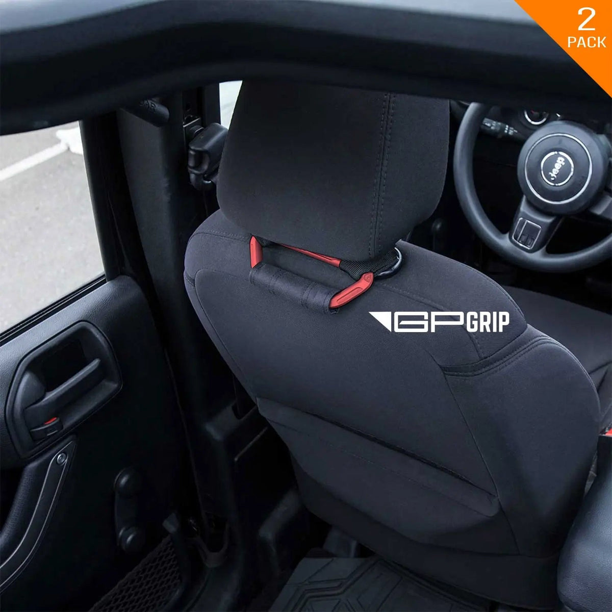 GP Back Grip Pro red 2-pack car gear headrest grips with black straps, GPGRIP logo on seat on Tampa Home & Garden Store