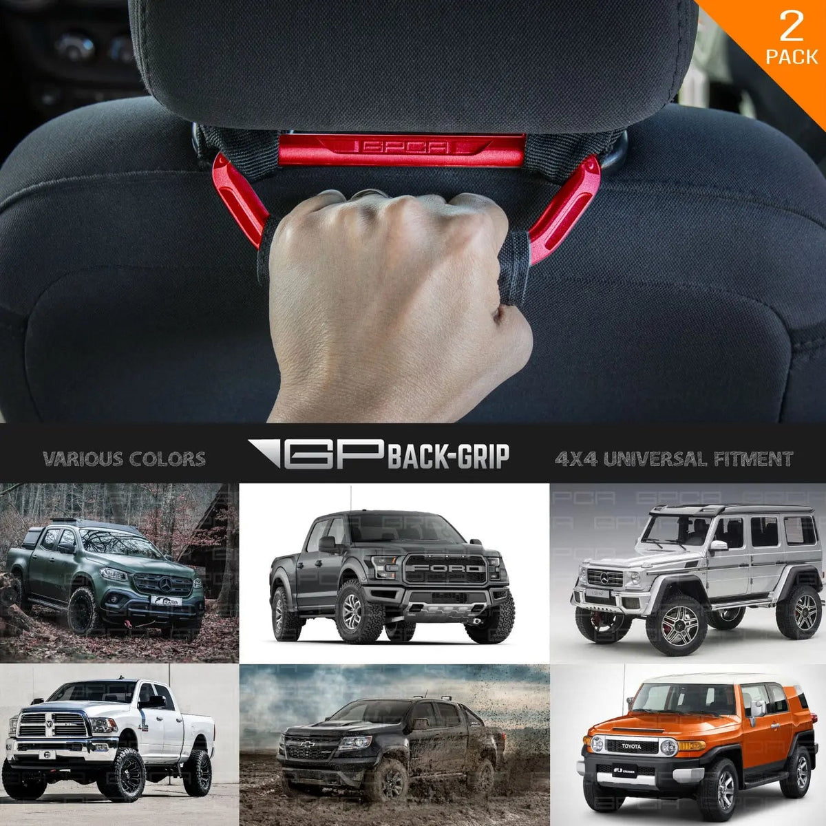 GP Back Grip Pro red 2-pack car gear grab handles mounted behind front seat headrest on Tampa Home & Garden Store