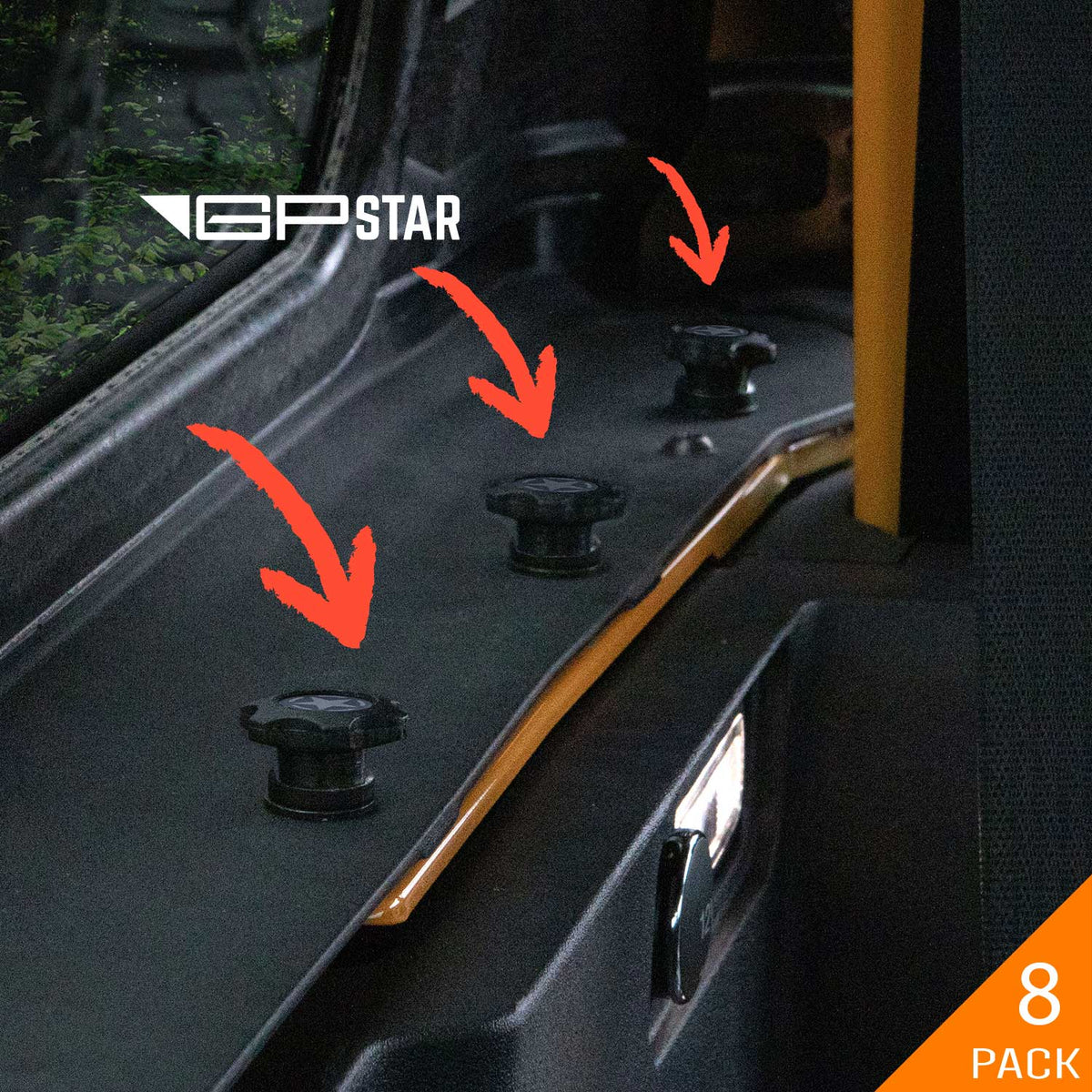 Bronco GP-Star tie-down bolt set on a vehicle cargo rack, 8-pack, black metal bolts with GPCA branding on Tampa Home & Garden Store