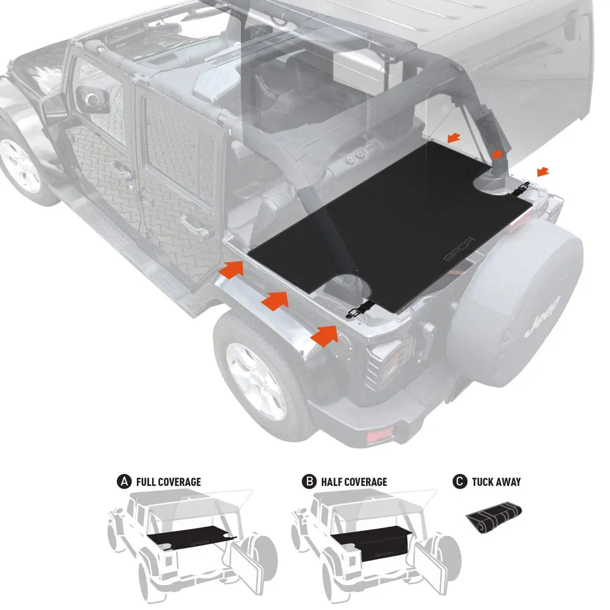 GPCA Jeep Wrangler JK 4DR Cargo Freedom Pack LITE black rear cargo cover mat in cargo area on Tampa Home & Garden Store