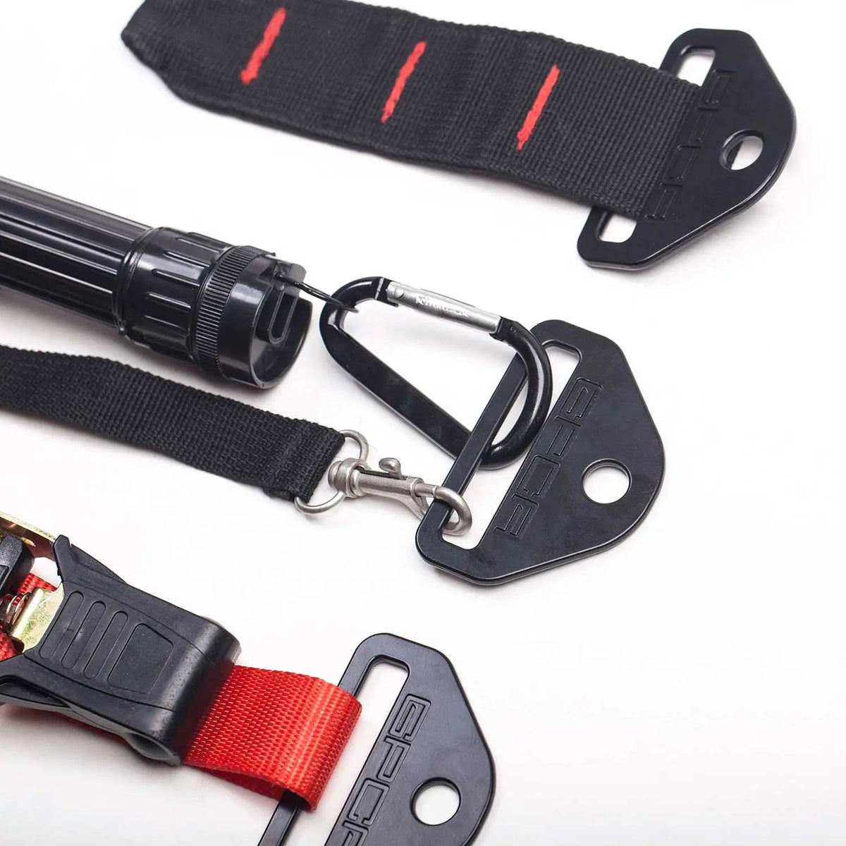 GPCA tie-down D-plate with black nylon strap and carabiner for vehicle storage & cargo on Tampa Home & Garden Store