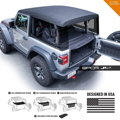 GPCA Jeep Wrangler JL 2DR cargo cover installed on gray Jeep Wrangler with soft top on Tampa Home & Garden Store