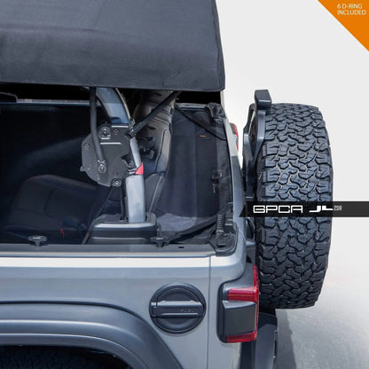 GPCA Jeep Wrangler JL 2DR cargo cover in black over rear cargo area with spare tire on tailgate on Tampa Home & Garden Store