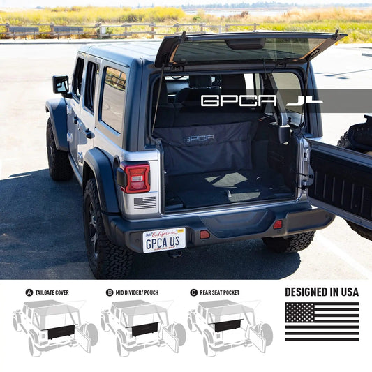 GPCA Cargo Organizer in black fabric mounted in Jeep Wrangler JL cargo area with tailgate open on Tampa Home & Garden Store