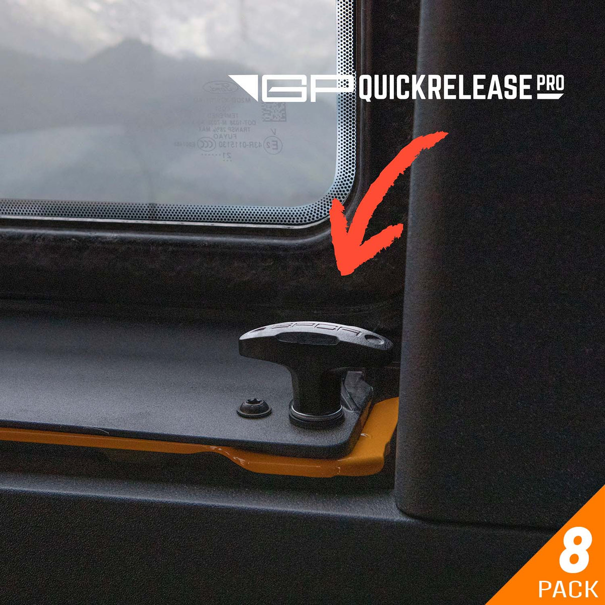 Bronco Tie-Down Anchor PRO car gear interior fitting by GPCA, black mount with orange base near window on Tampa Home & Garden Store
