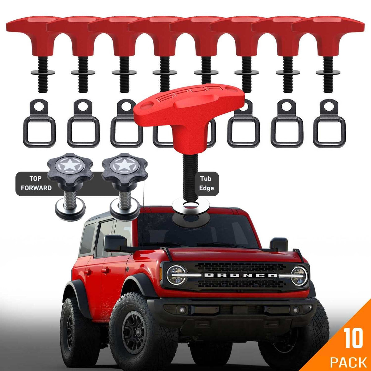 Bronco Tie-Down Anchor PRO car gear GPCA 10-pack with red clamps and black D-ring anchors on Tampa Home & Garden Store