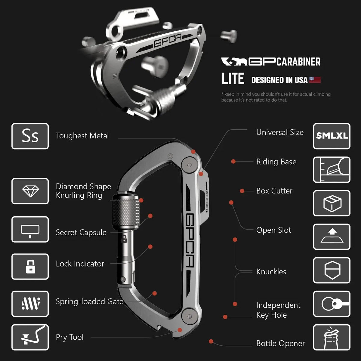 GPCA Carabiner LITE EDC keychain in silver metal with diamond knurl ring on Tampa Home & Garden Store
