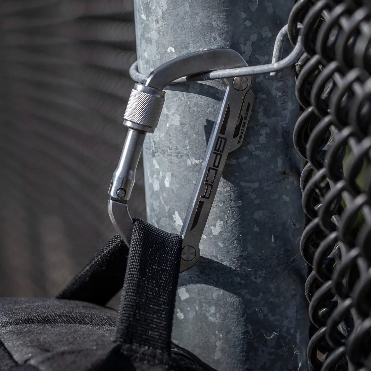 GPCA Carabiner LITE EDC keychain in silver metal with black strap on Tampa Home & Garden Store