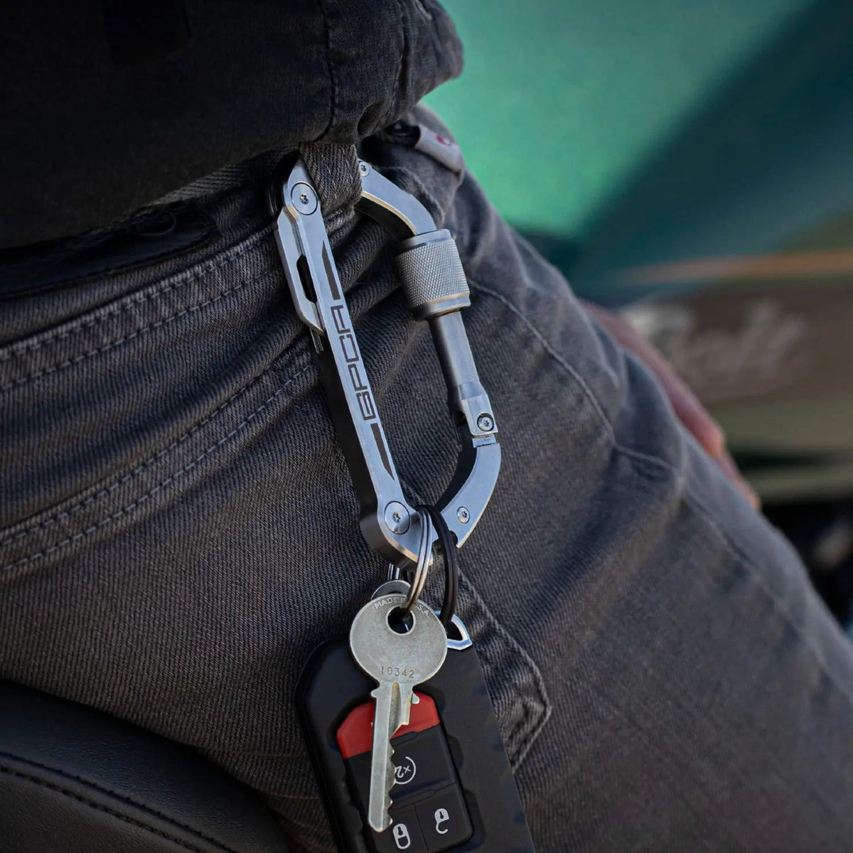 GPCA Carabiner LITE EDC keychain in silver metal with attached keys on jeans belt loop on Tampa Home & Garden Store