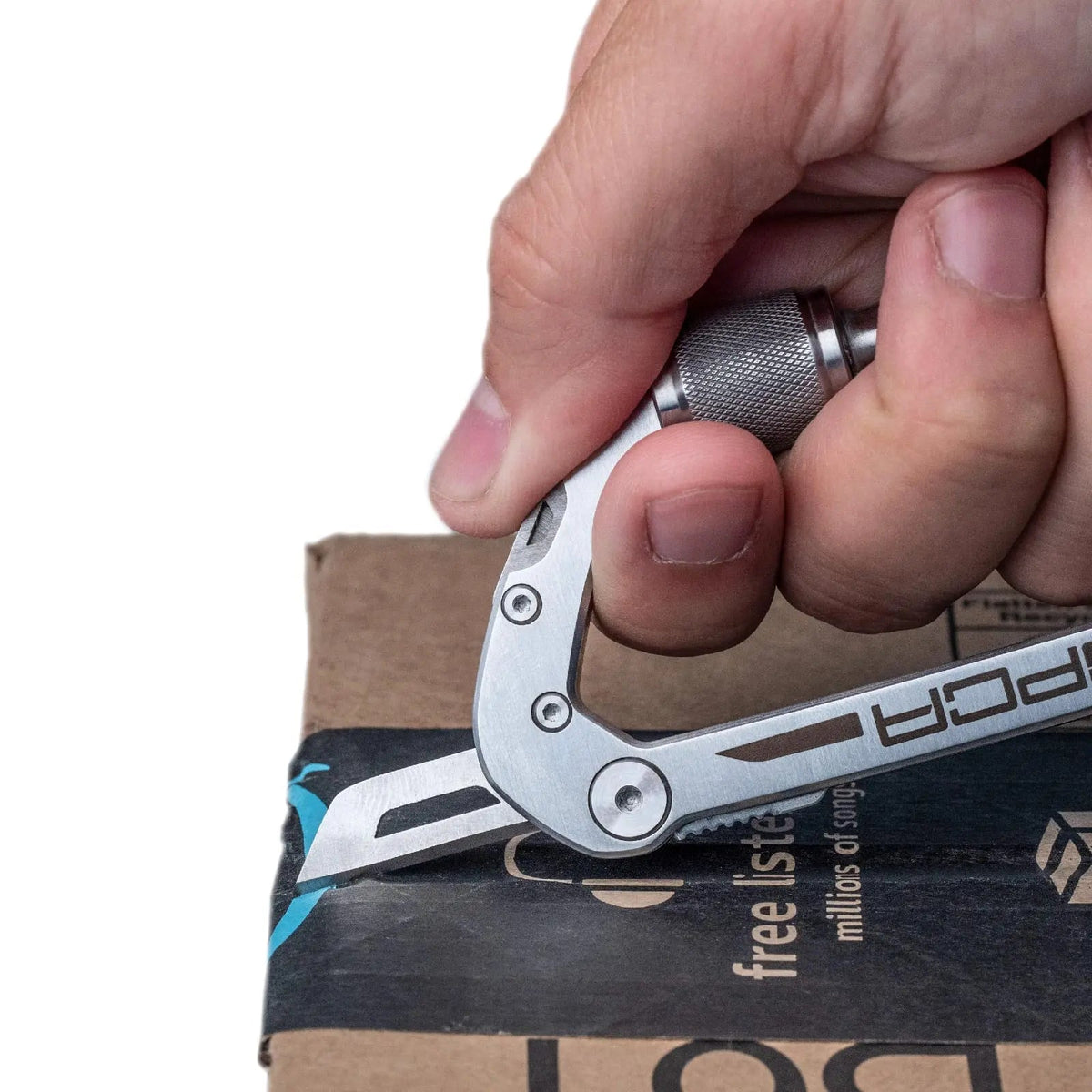 GPCA Carabiner PRO EDC multi-tool clip in metallic silver with knurled grip and visible screws on Tampa Home & Garden Store
