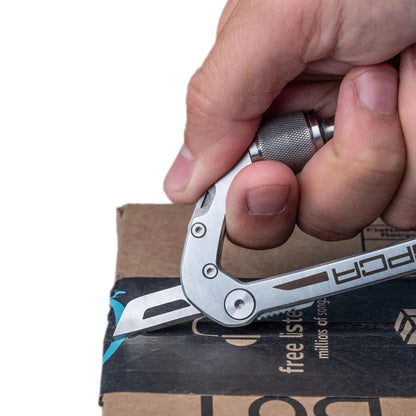 GPCA Carabiner PRO EDC multi-tool clip in metallic silver with knurled grip and visible screws on Tampa Home & Garden Store