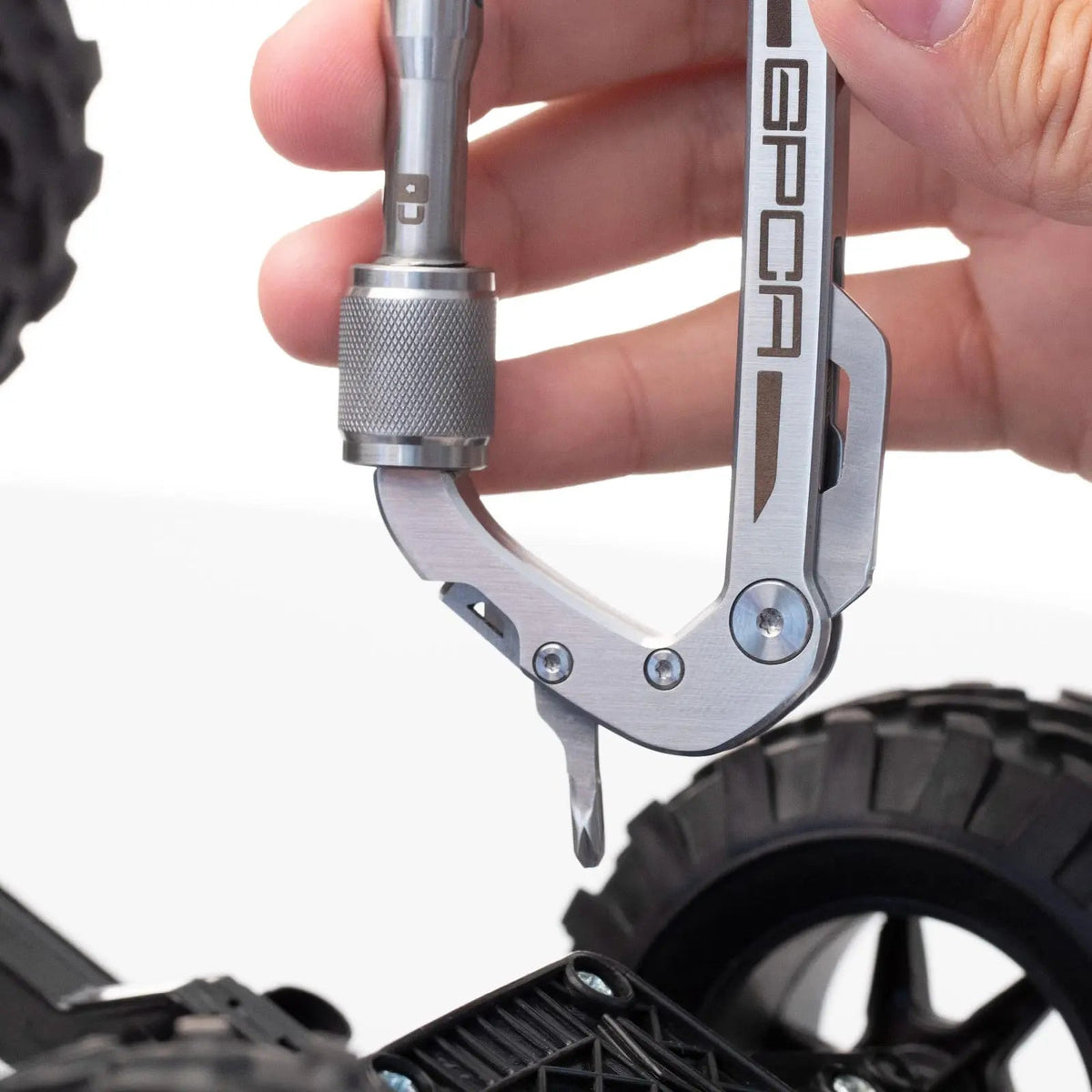 GPCA Carabiner PRO EDC multi-tool clip with knurled silver grip on Tampa Home & Garden Store