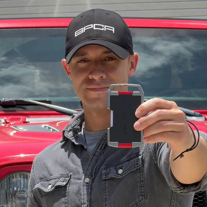 GPCA United-1 Wallet card holder in black with silver frame and red accent, GPCA cap wearer on Tampa Home & Garden Store