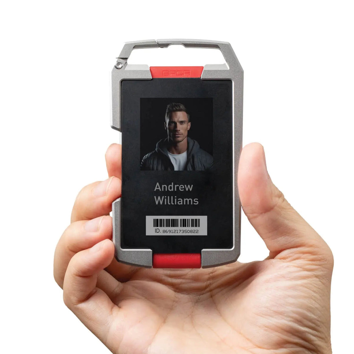GPCA United-1 wallet card holder with rugged metal frame; display shows a photo and barcode on Tampa Home & Garden Store