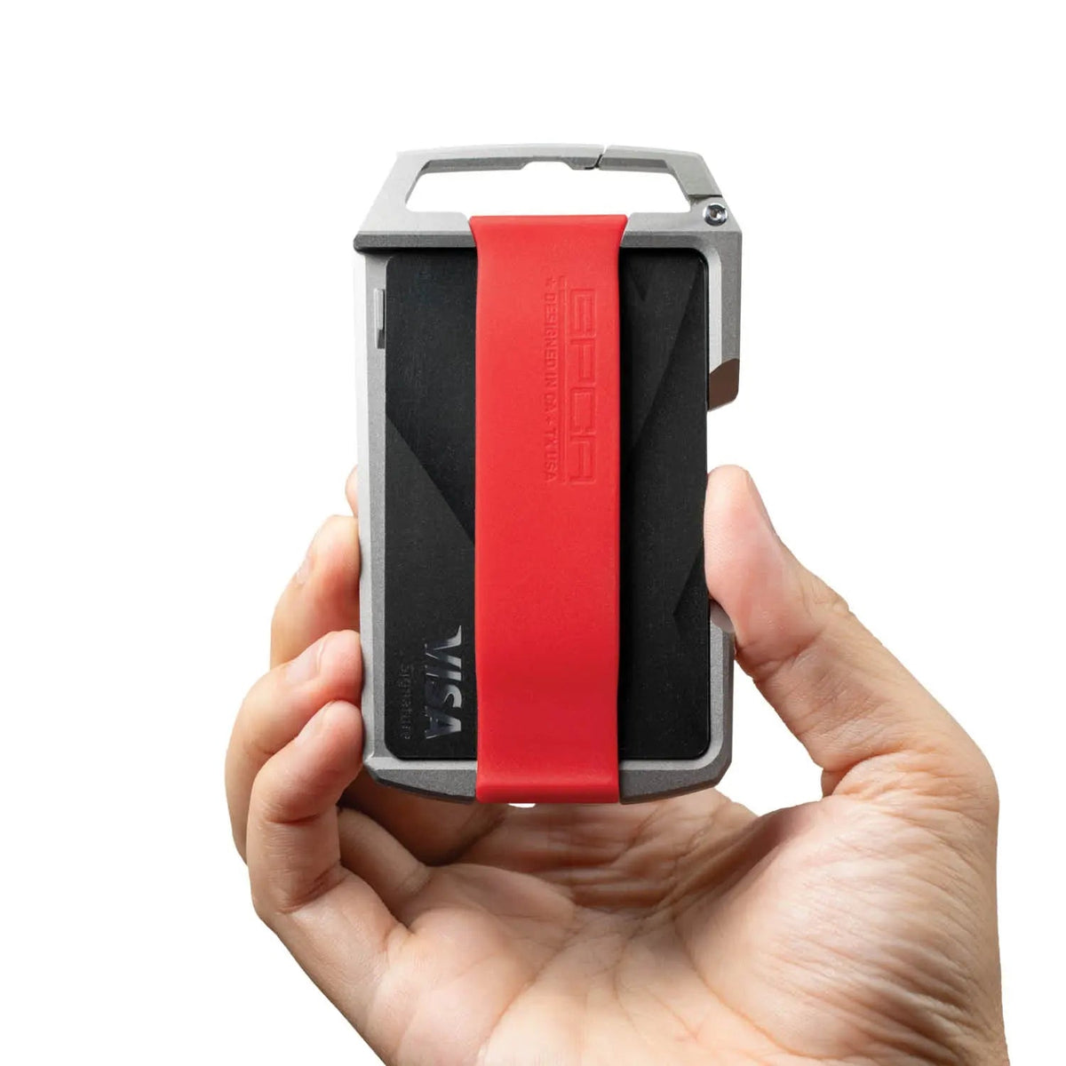 GPCA United-1 Wallet Card Holder with red silicone strap and metal frame, handheld on Tampa Home & Garden Store