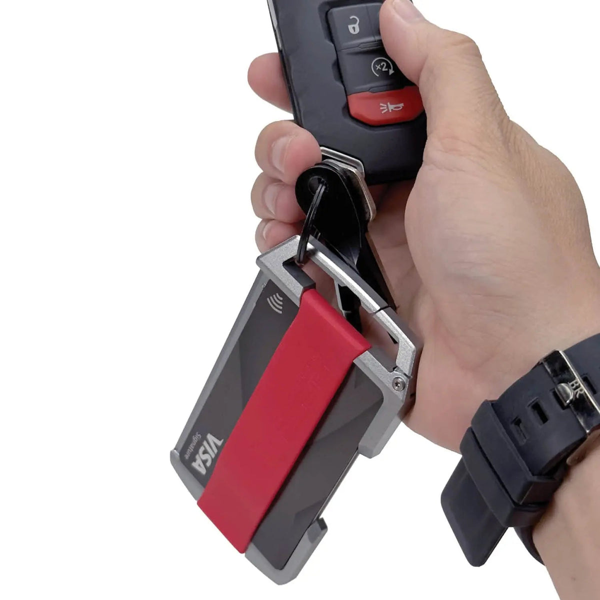 GPCA United-1 Wallet Card Holder EDC wallet in red and gray with metal clip on key ring on Tampa Home & Garden Store