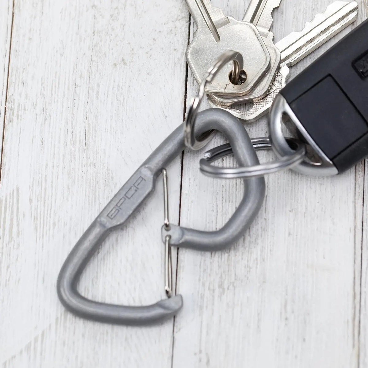GPCA Carabiner Loop LITE EDC keychain in gray aluminum with keys and fob on Tampa Home & Garden Store