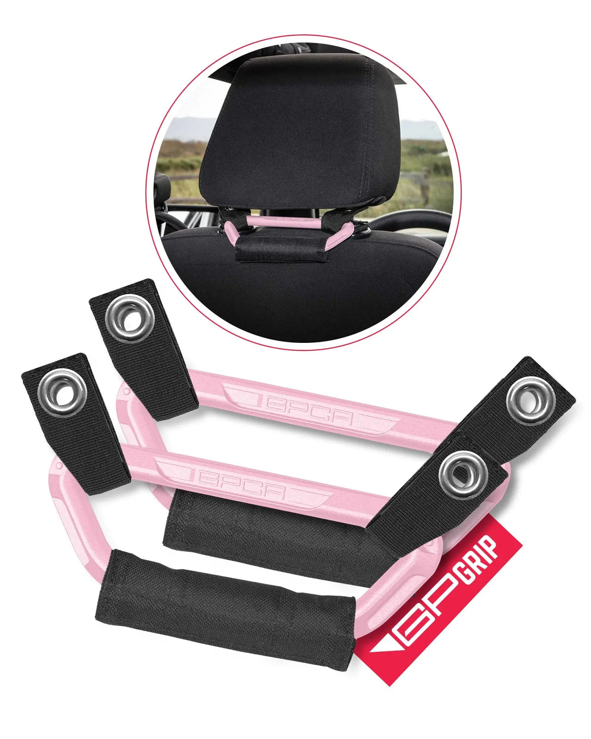 GP Back Grip PRO rear headrest handles for cars by GPCA, pink metal frame with black straps on Tampa Home & Garden Store