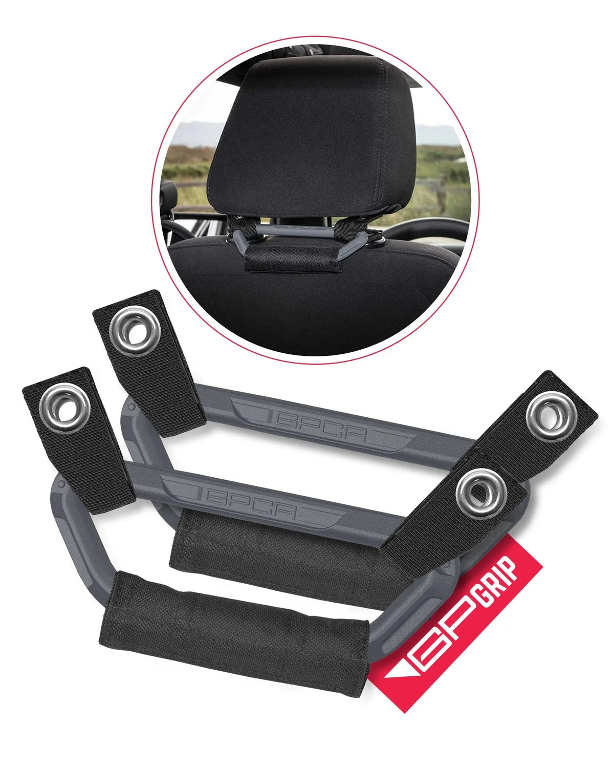 GP Back Grip PRO rear headrest handles in black fabric with metal grommets GPCA on Tampa Home & Garden Store